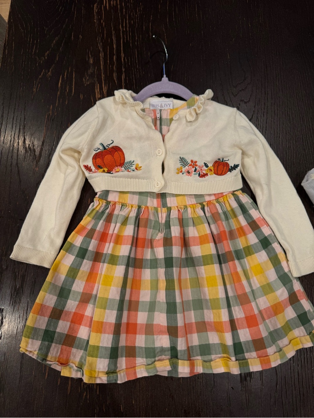 iris & ivy Multicolor Plaid Dress with Green bow and matching cardigan